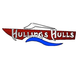 Hullings Hulls white, red and blue boat with Hullings Hulls in the middle in white letters on a red strip