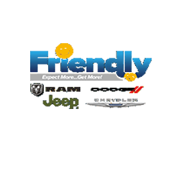 Friendly Dodge, Jeep, Ram, Chrysler and Ford blue letters with yellow smiley face above i, ram in black letters, dodge in black letter, jeep in green letter, chrysler in grey letters all on white backgroun
