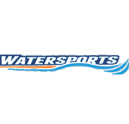 Keuka WaterSports in white letters outlined in blue on clear background with blue wave underneath